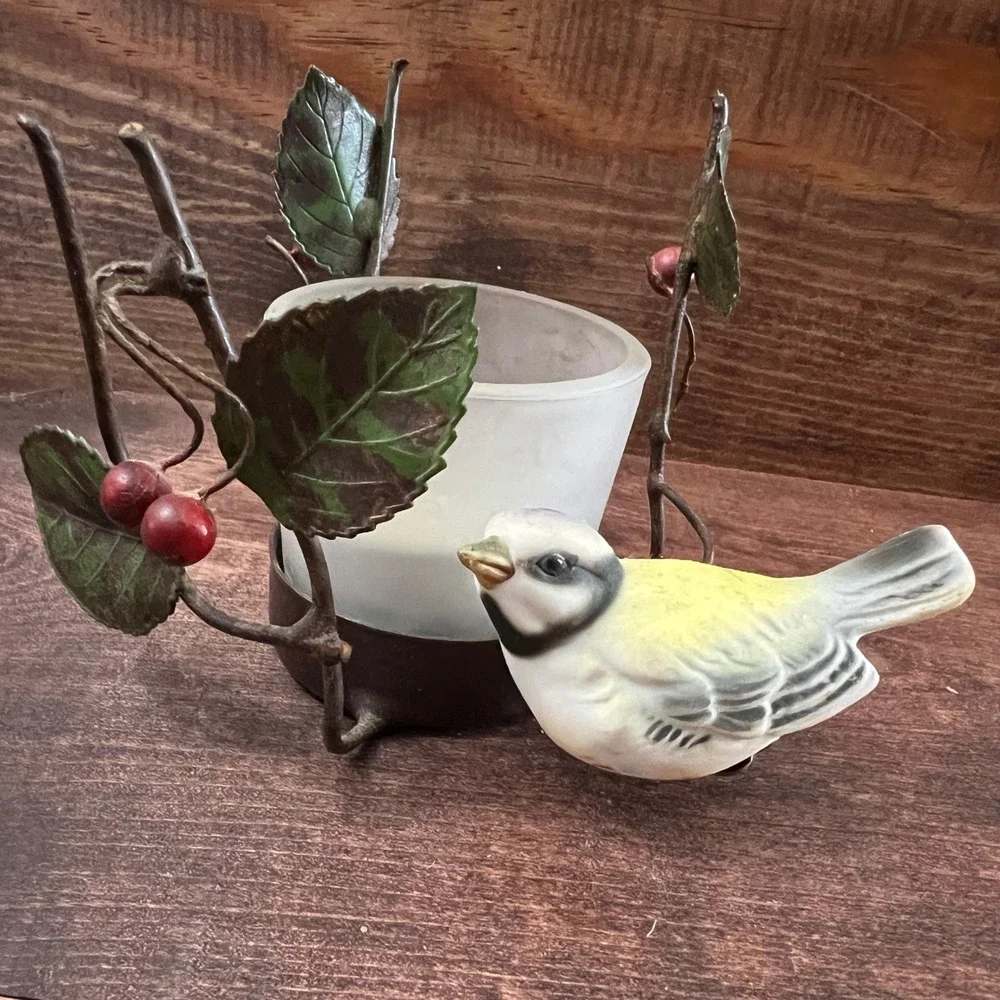 Vintage Metal Branch Votive Candle Holder Ceramic Bird Leaves Red Berries